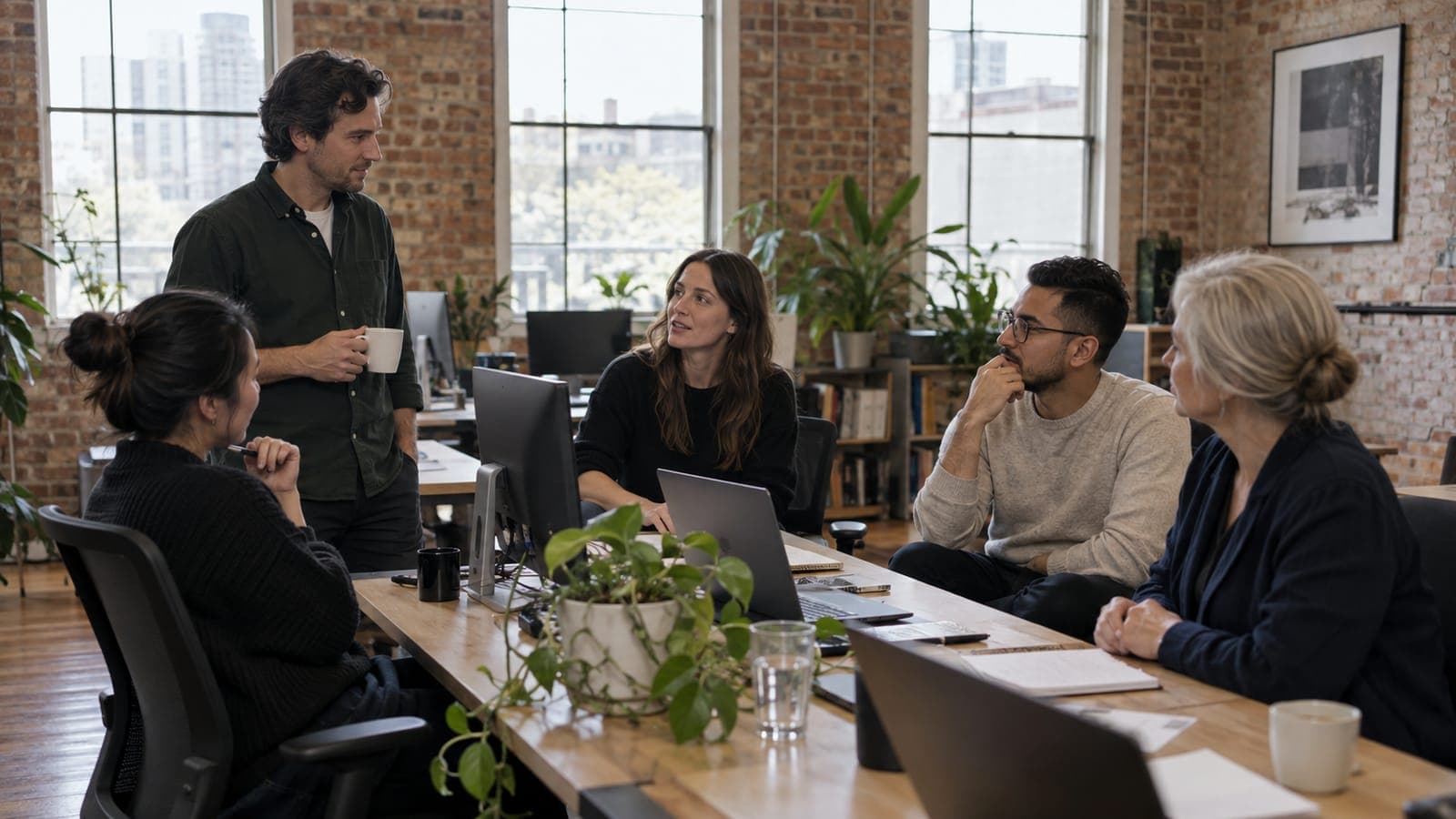 The GreyRok team mid-conversation around a shared desk in their Melbourne office