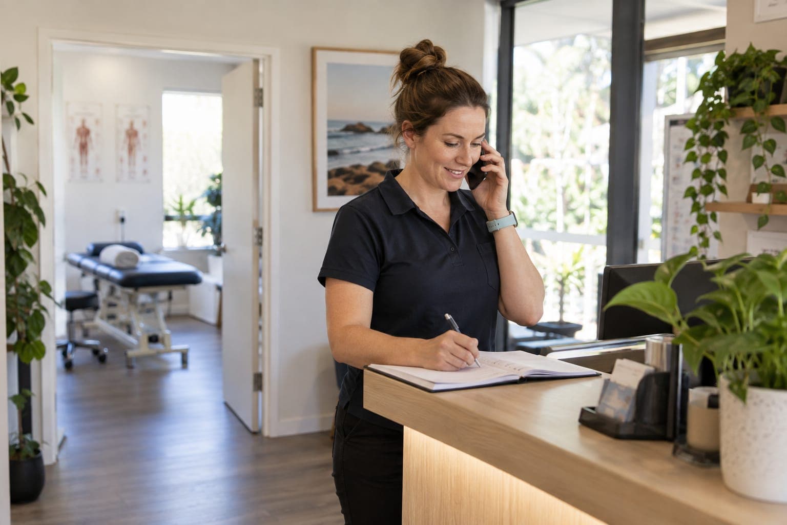 A physiotherapist at the reception desk of a small allied-health clinic