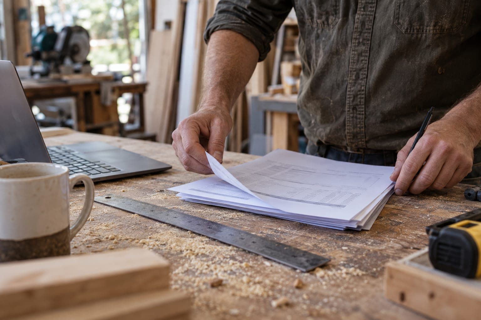 A business owner's hands beside a laptop and a stack of printed bank statements