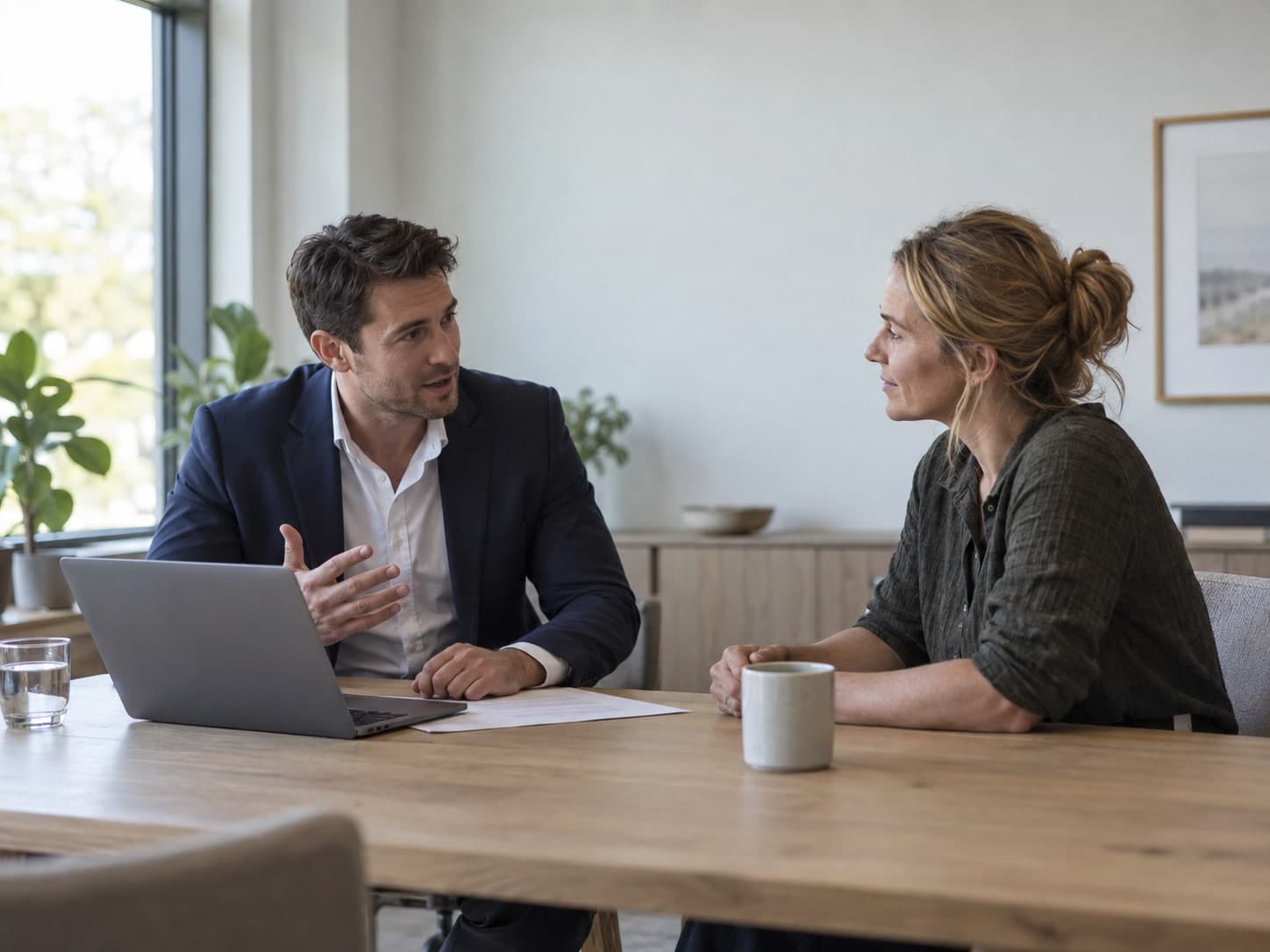 A broker and a business owner talking through a facility across a meeting table