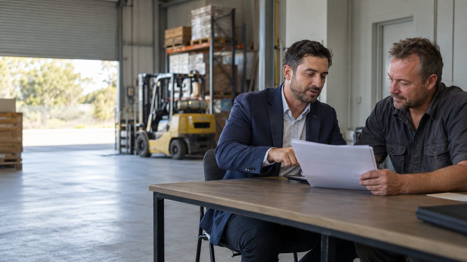 A finance broker and a tradesman client going through a document together