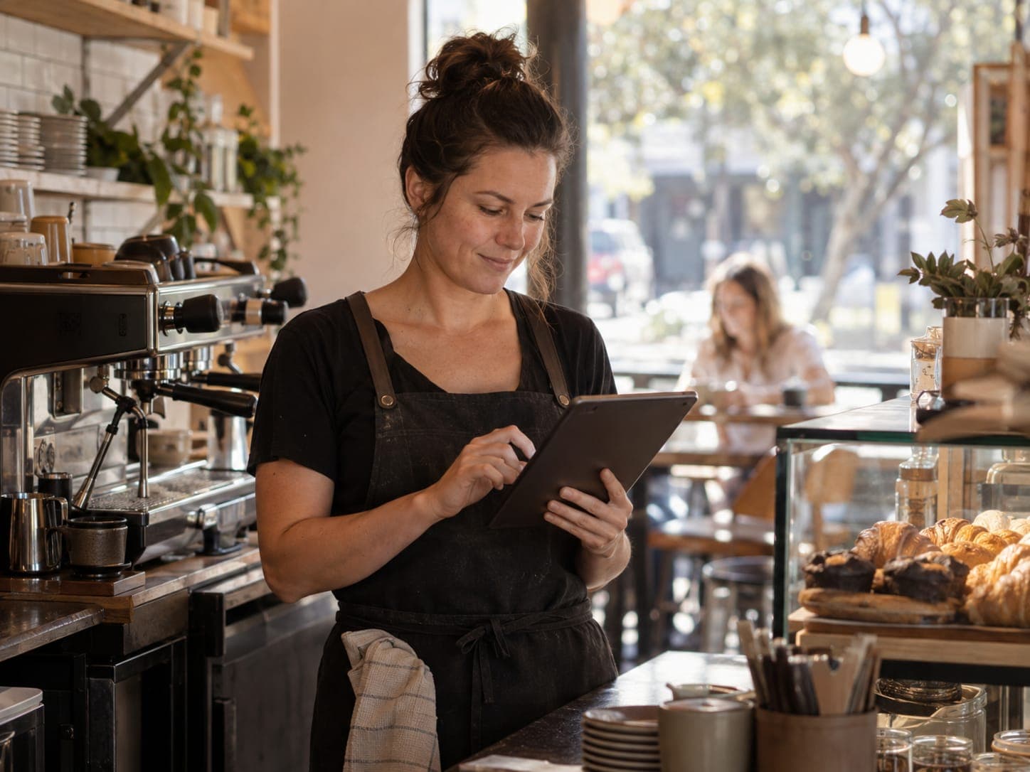 A cafe owner reviewing a supplier order on a tablet behind her counter