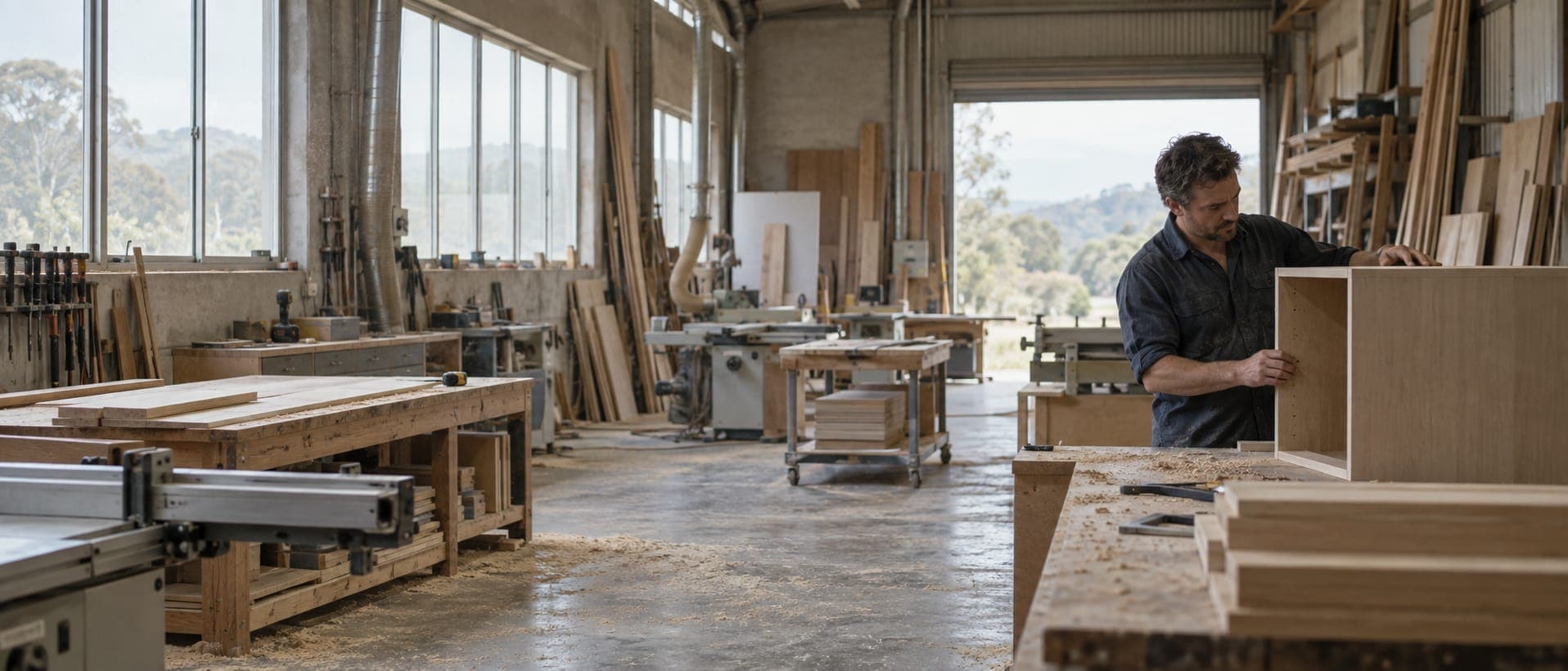 A cabinetmaker checking a carcass at the bench in his Australian joinery workshop