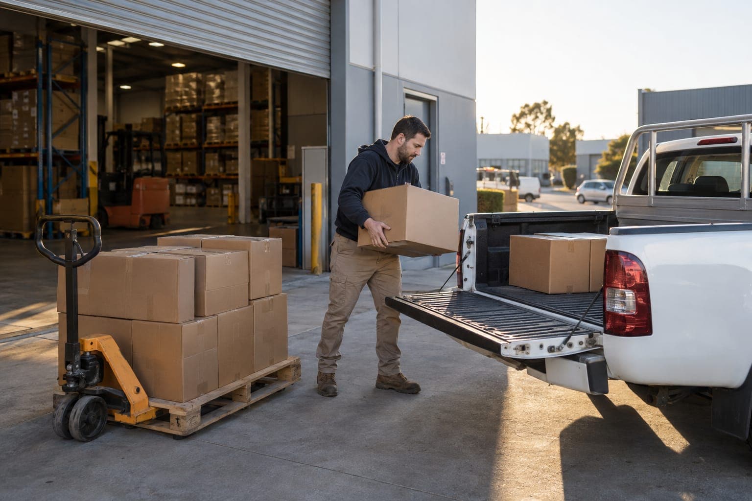 A wholesale distributor loading boxed stock into a ute at an industrial estate
